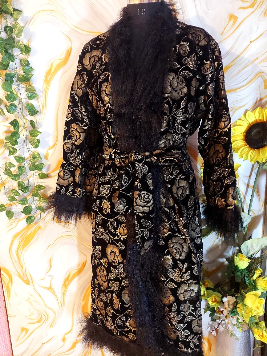 Handmade Floral Velvet Kimono Robe: Faux Fur Trim Evening Coat