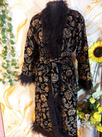 Handmade Floral Velvet Kimono Robe: Faux Fur Trim Evening Coat