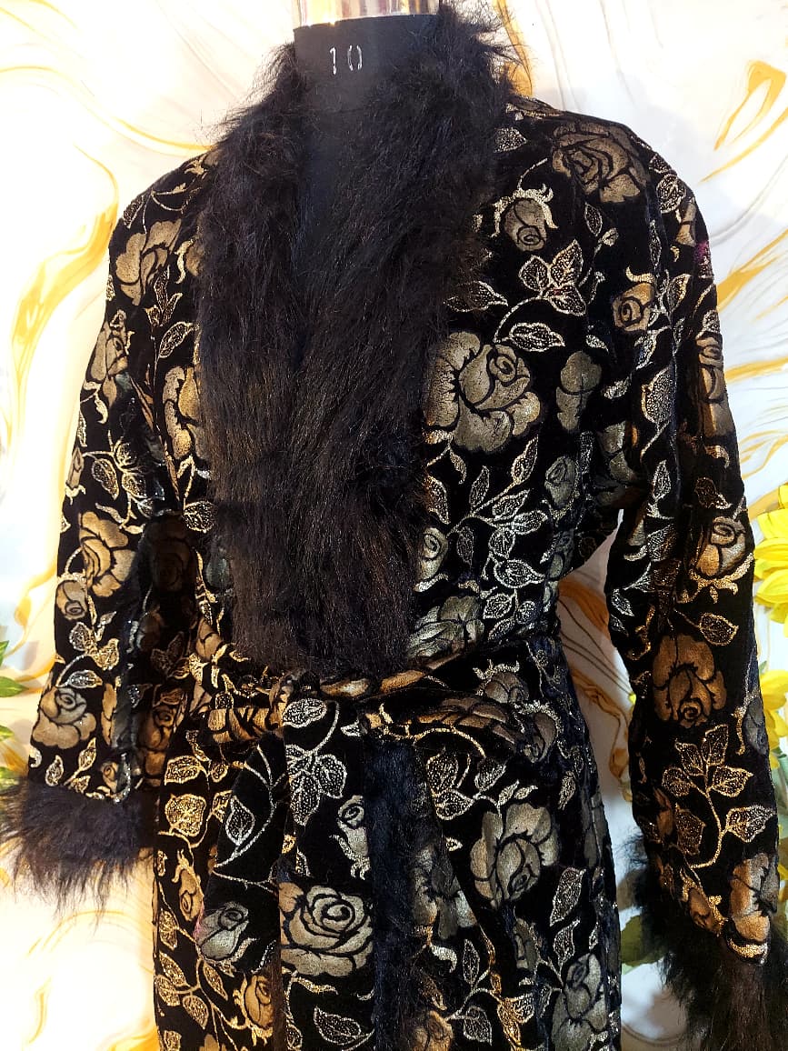 Handmade Floral Velvet Kimono Robe: Faux Fur Trim Evening Coat