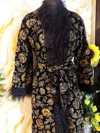 Handmade Floral Velvet Kimono Robe: Faux Fur Trim Evening Coat