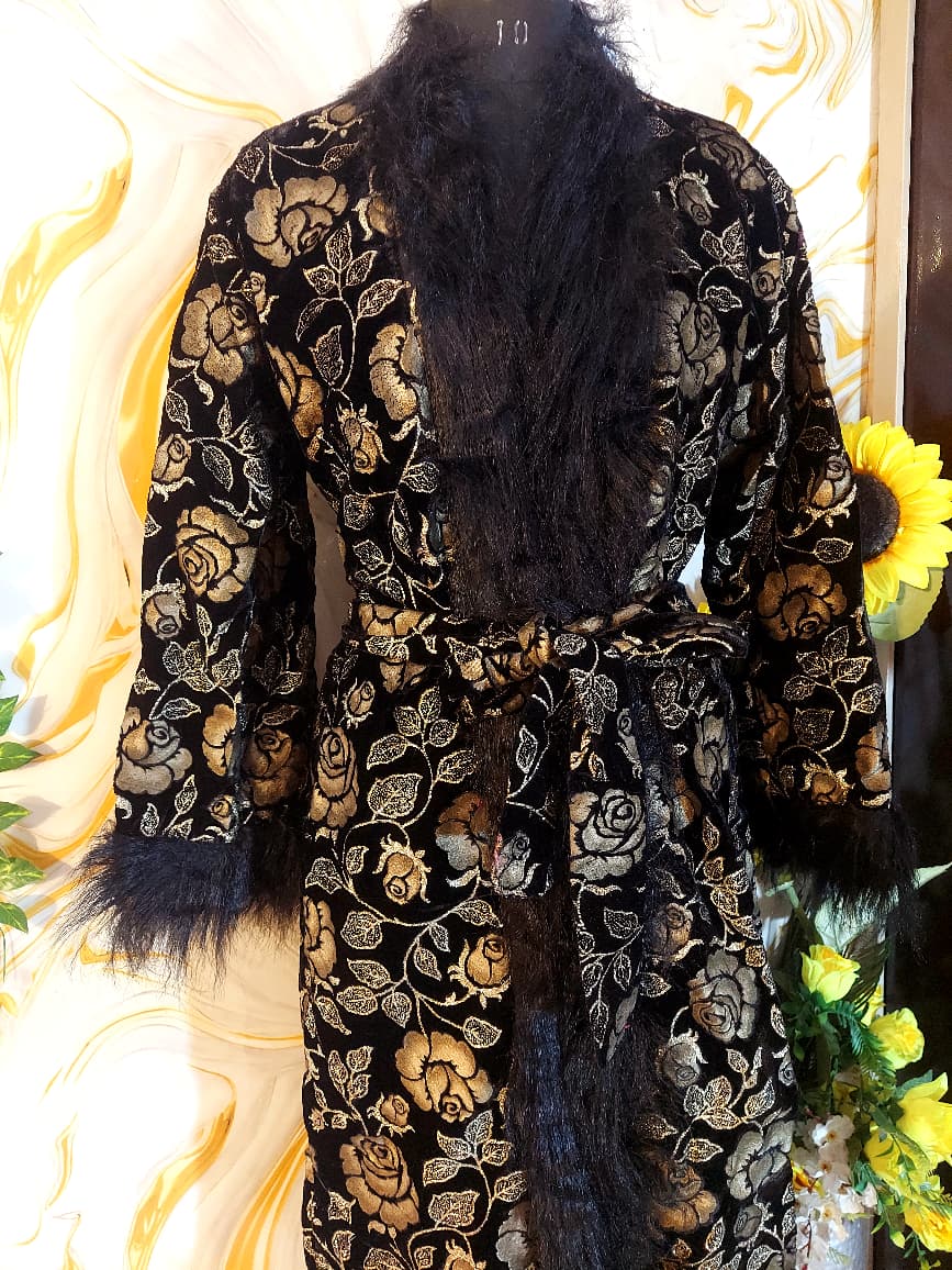 Handmade Floral Velvet Kimono Robe: Faux Fur Trim Evening Coat