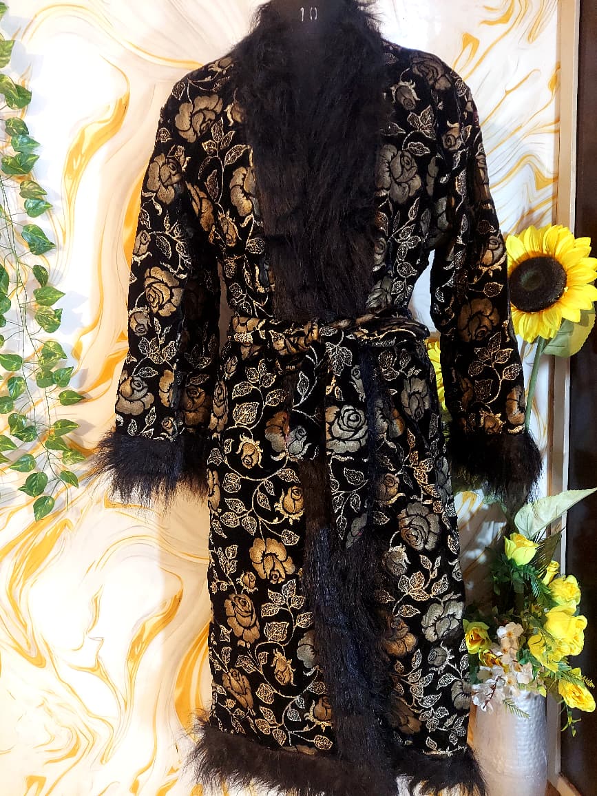 Handmade Floral Velvet Kimono Robe: Faux Fur Trim Evening Coat