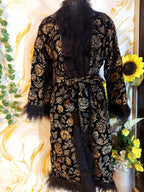 Handmade Floral Velvet Kimono Robe: Faux Fur Trim Evening Coat