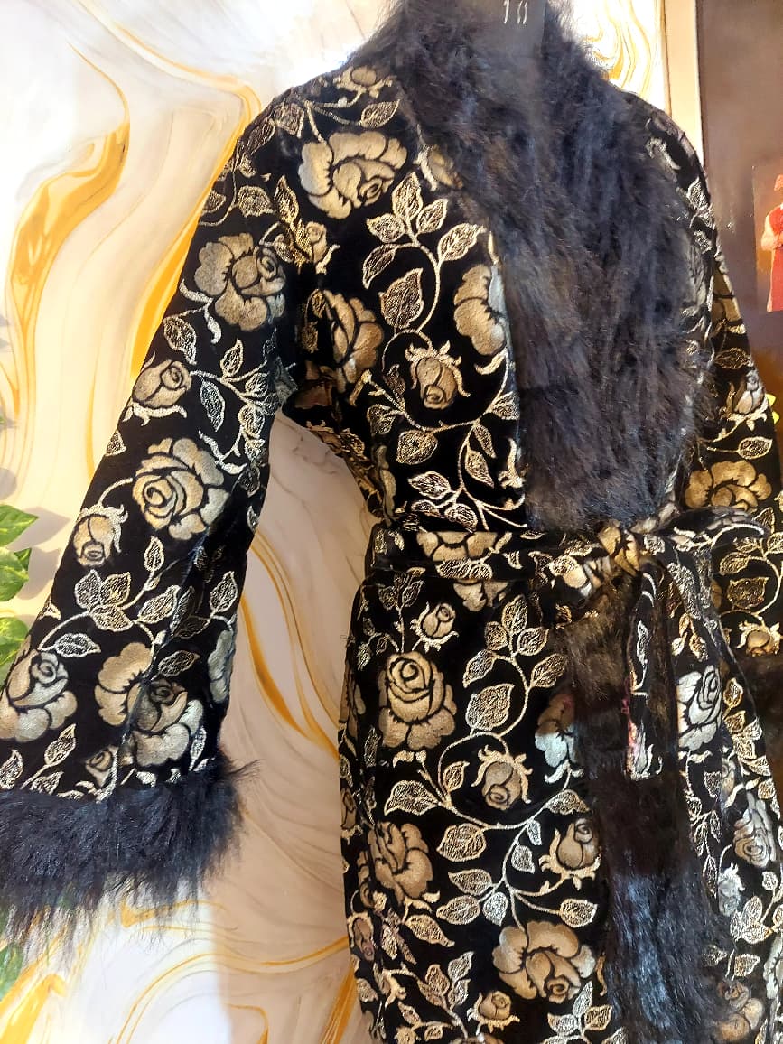 Handmade Floral Velvet Kimono Robe: Faux Fur Trim Evening Coat