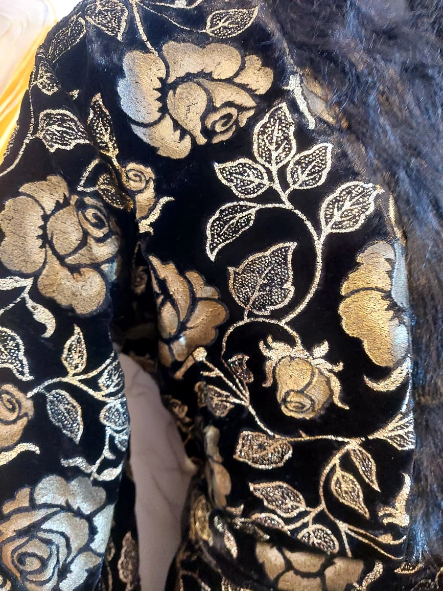 Handmade Floral Velvet Kimono Robe: Faux Fur Trim Evening Coat
