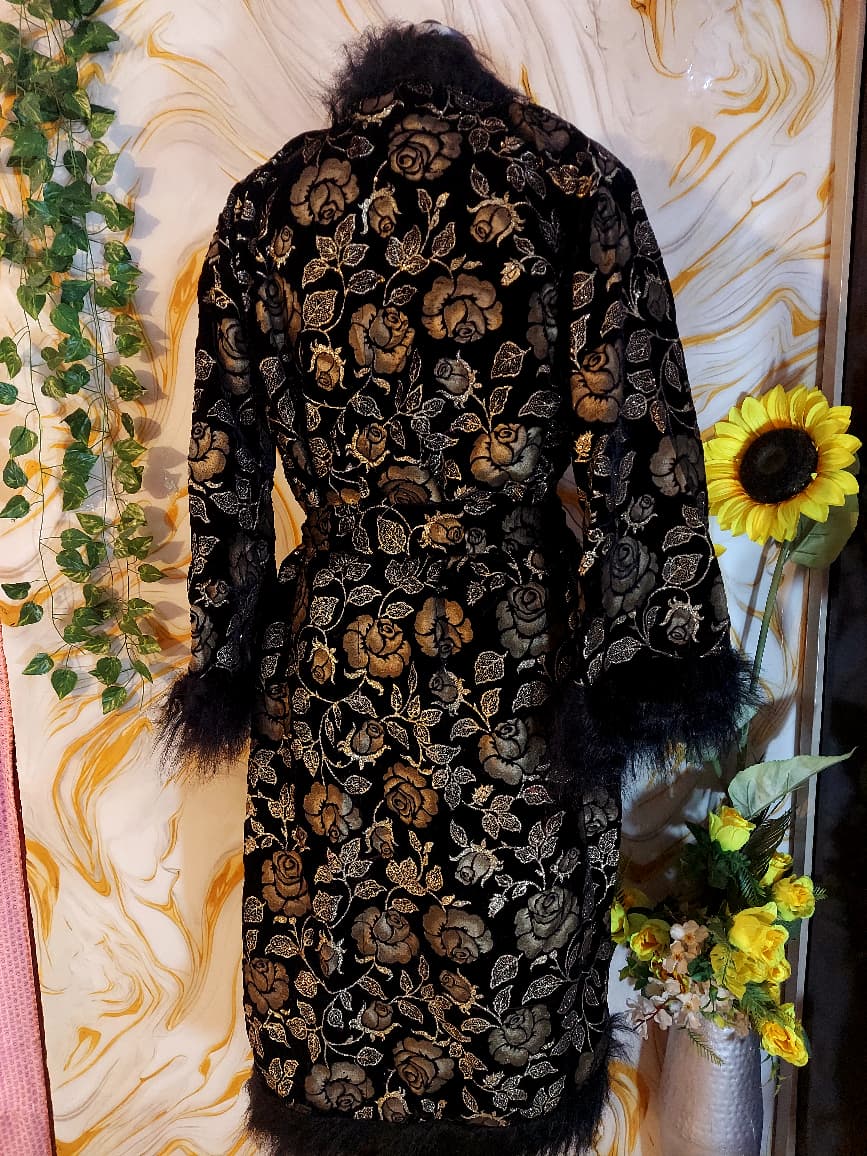 Handmade Floral Velvet Kimono Robe: Faux Fur Trim Evening Coat