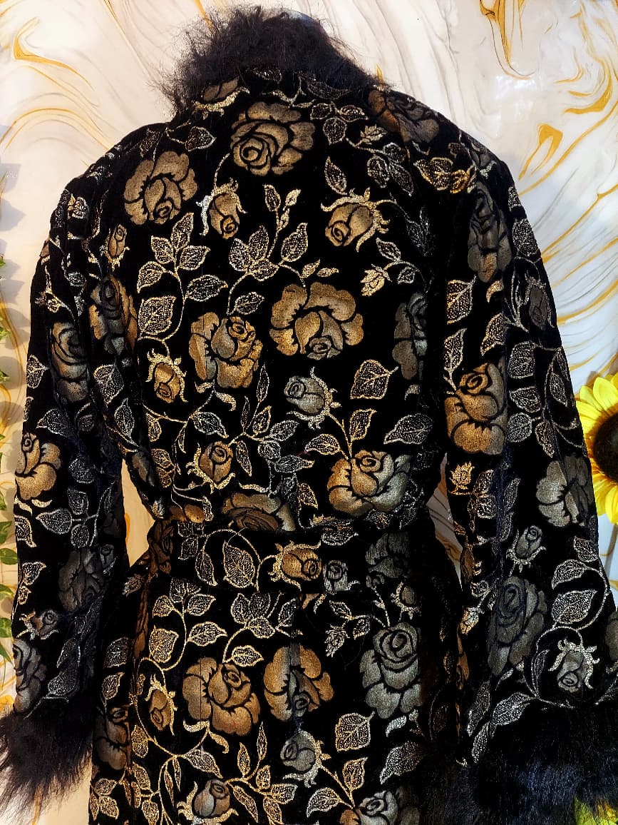 Handmade Floral Velvet Kimono Robe: Faux Fur Trim Evening Coat