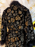 Handmade Floral Velvet Kimono Robe: Faux Fur Trim Evening Coat
