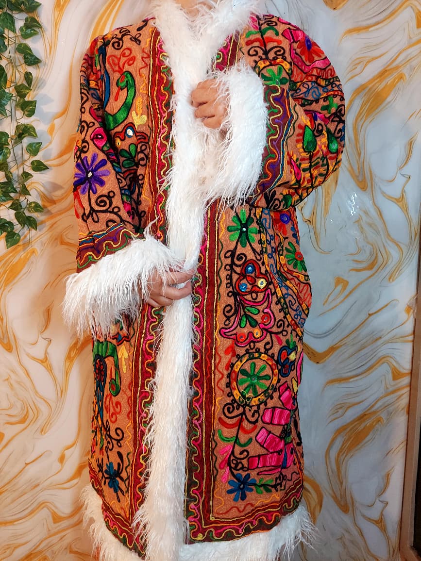 Vintage Floral brown &nbsp;Reversible Embroidered Long with animal print Coat Long Sleeve with Pockets