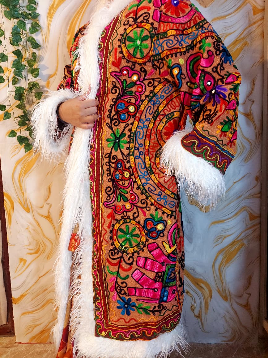 Vintage Floral brown &nbsp;Reversible Embroidered Long with animal print Coat Long Sleeve with Pockets
