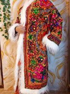 Vintage Floral brown &nbsp;Reversible Embroidered Long with animal print Coat Long Sleeve with Pockets