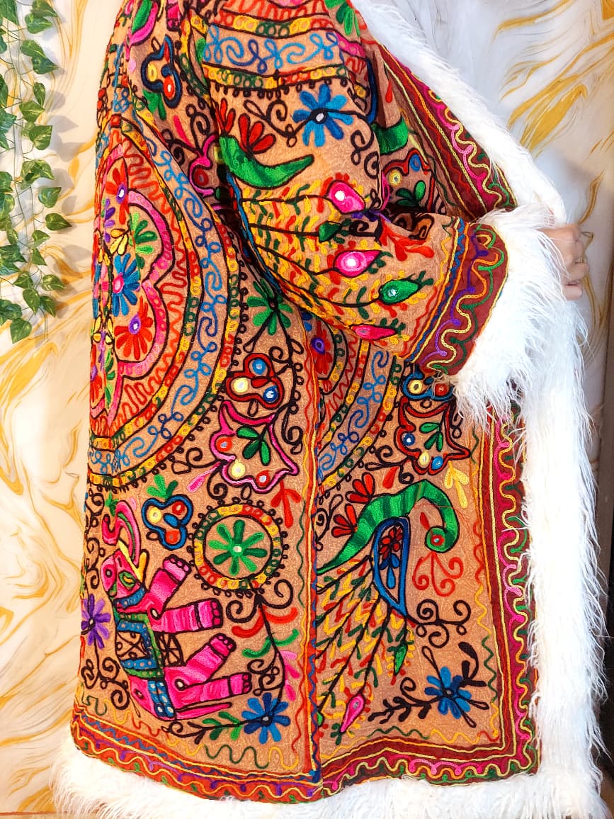 Vintage Floral brown &nbsp;Reversible Embroidered Long with animal print Coat Long Sleeve with Pockets