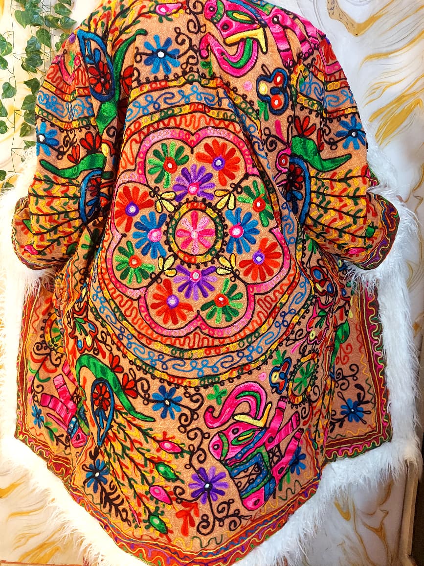 Vintage Floral brown &nbsp;Reversible Embroidered Long with animal print Coat Long Sleeve with Pockets