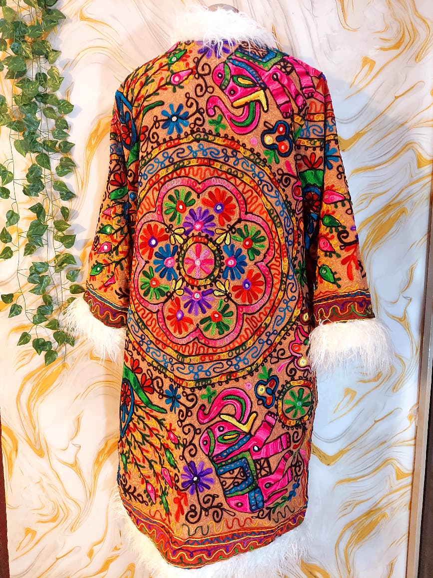 Vintage Floral brown &nbsp;Reversible Embroidered Long with animal print Coat Long Sleeve with Pockets