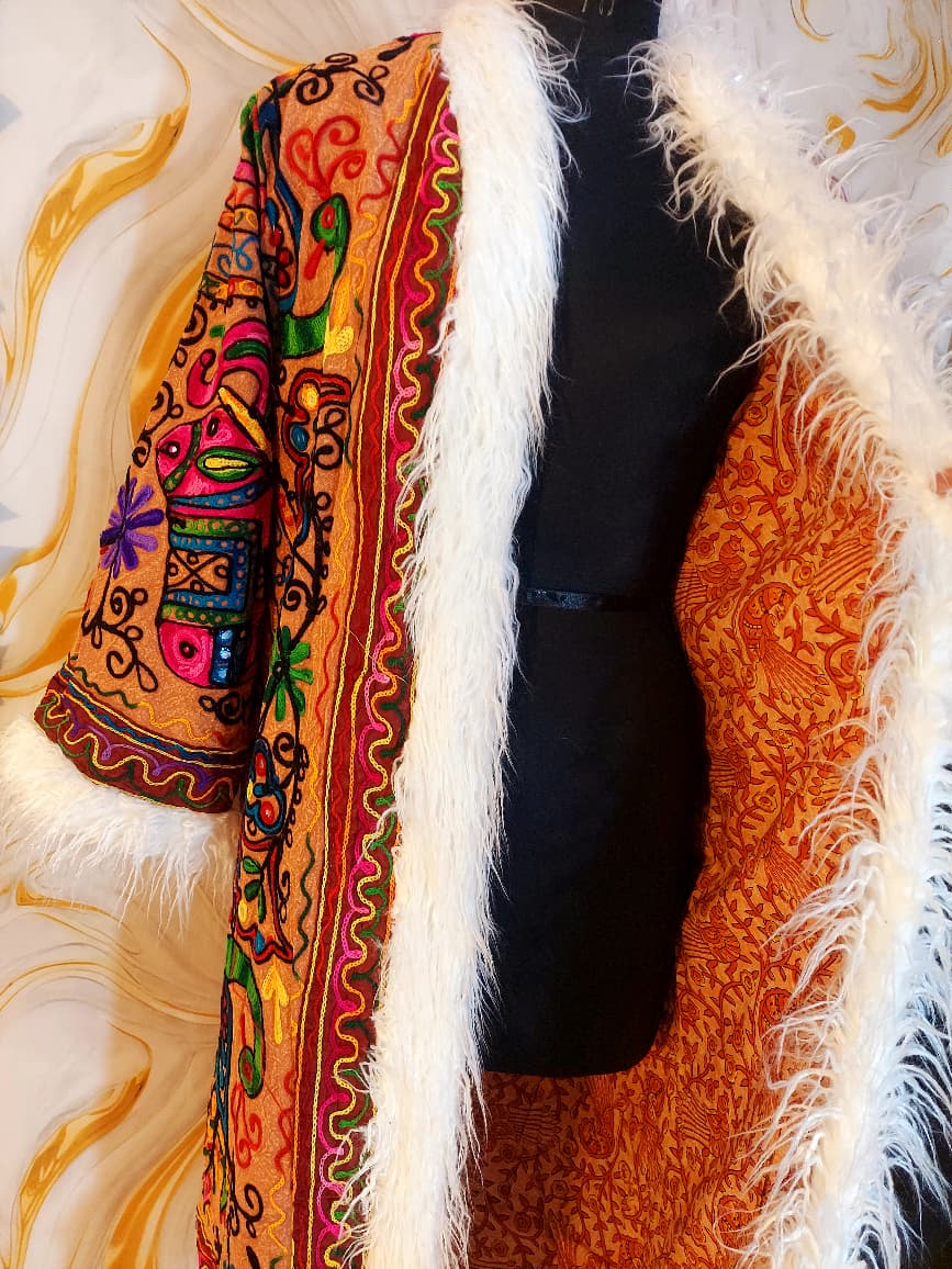 Vintage Floral brown &nbsp;Reversible Embroidered Long with animal print Coat Long Sleeve with Pockets