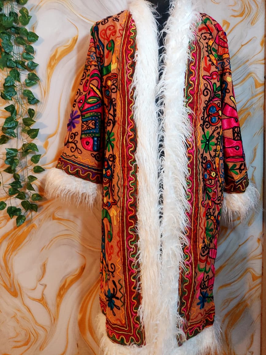 Vintage Floral brown &nbsp;Reversible Embroidered Long with animal print Coat Long Sleeve with Pockets
