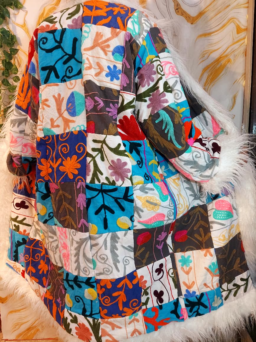 Patchwork Vintage Suzani Coat, Mongolian Faux Fur Trim, Handmade Bohemian Jacket