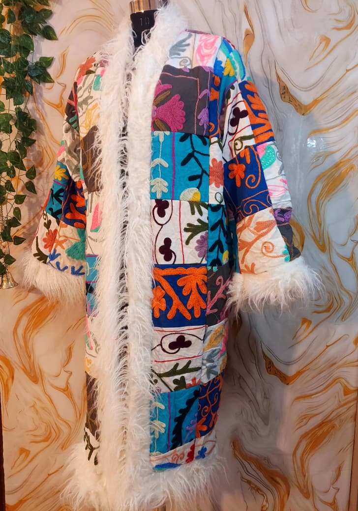 Patchwork Vintage Suzani Coat, Mongolian Faux Fur Trim, Handmade Bohemian Jacket