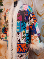 Patchwork Vintage Suzani Coat, Mongolian Faux Fur Trim, Handmade Bohemian Jacket