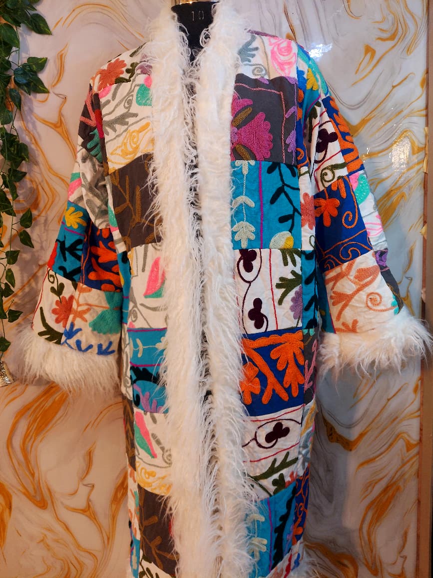Patchwork Vintage Suzani Coat, Mongolian Faux Fur Trim, Handmade Bohemian Jacket