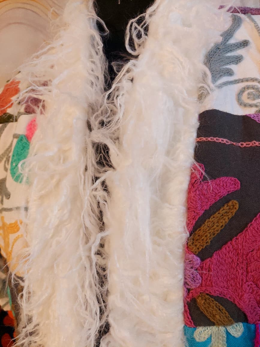 Patchwork Vintage Suzani Coat, Mongolian Faux Fur Trim, Handmade Bohemian Jacket