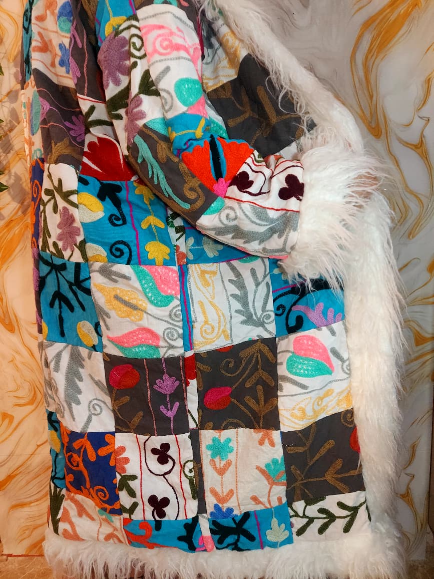 Patchwork Vintage Suzani Coat, Mongolian Faux Fur Trim, Handmade Bohemian Jacket
