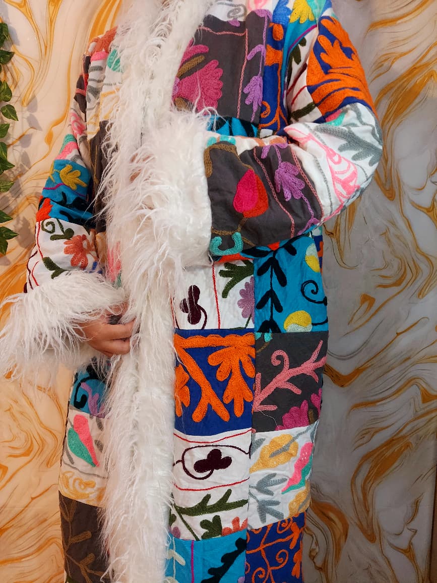 Patchwork Vintage Suzani Coat, Mongolian Faux Fur Trim, Handmade Bohemian Jacket