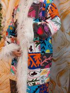Patchwork Vintage Suzani Coat, Mongolian Faux Fur Trim, Handmade Bohemian Jacket