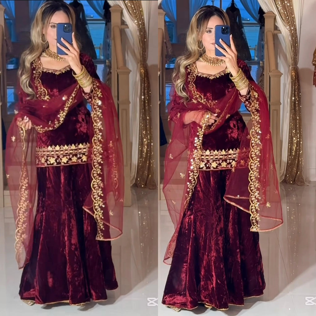 Wine velvet party wear sharara plazzo and dupatta set,