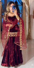 Wine velvet party wear sharara plazzo and dupatta set,