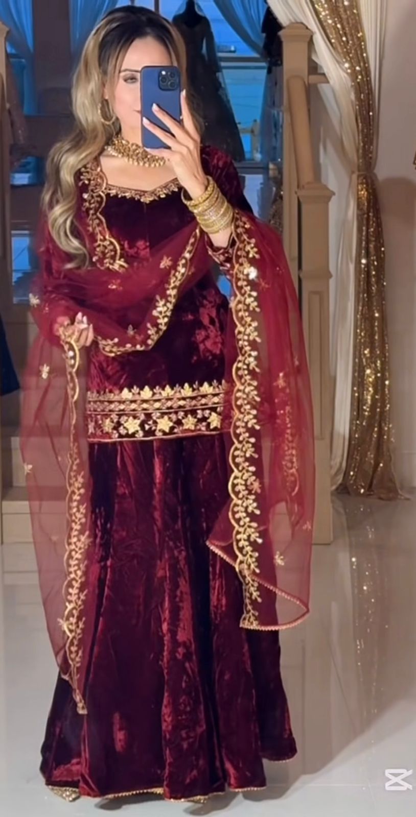 Wine velvet party wear sharara plazzo and dupatta set,