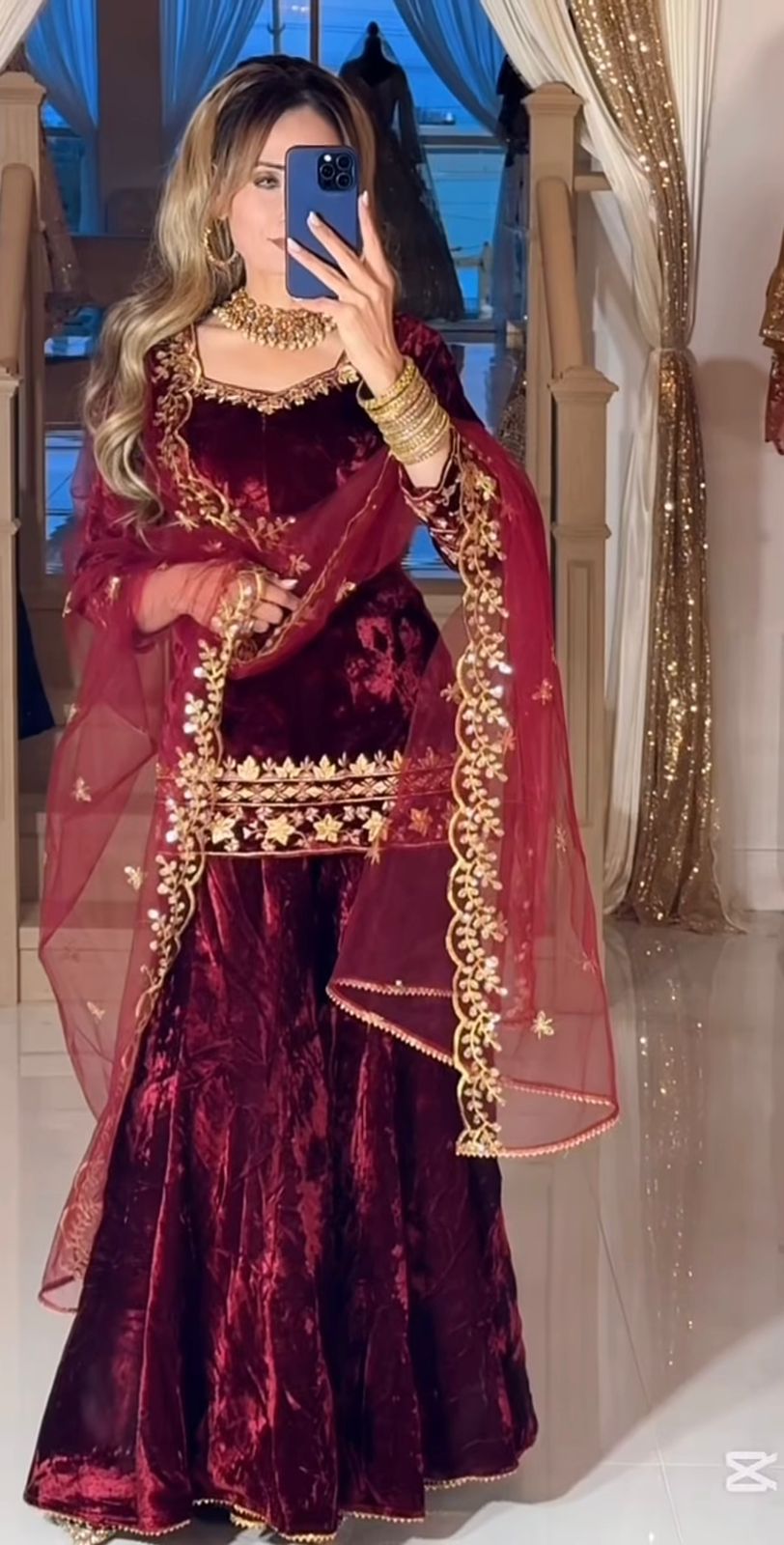 Wine velvet party wear sharara plazzo and dupatta set,
