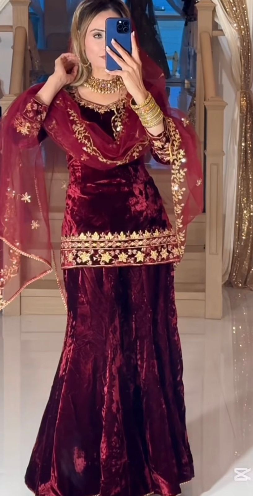Wine velvet party wear sharara plazzo and dupatta set,