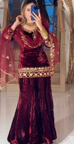 Wine velvet party wear sharara plazzo and dupatta set,
