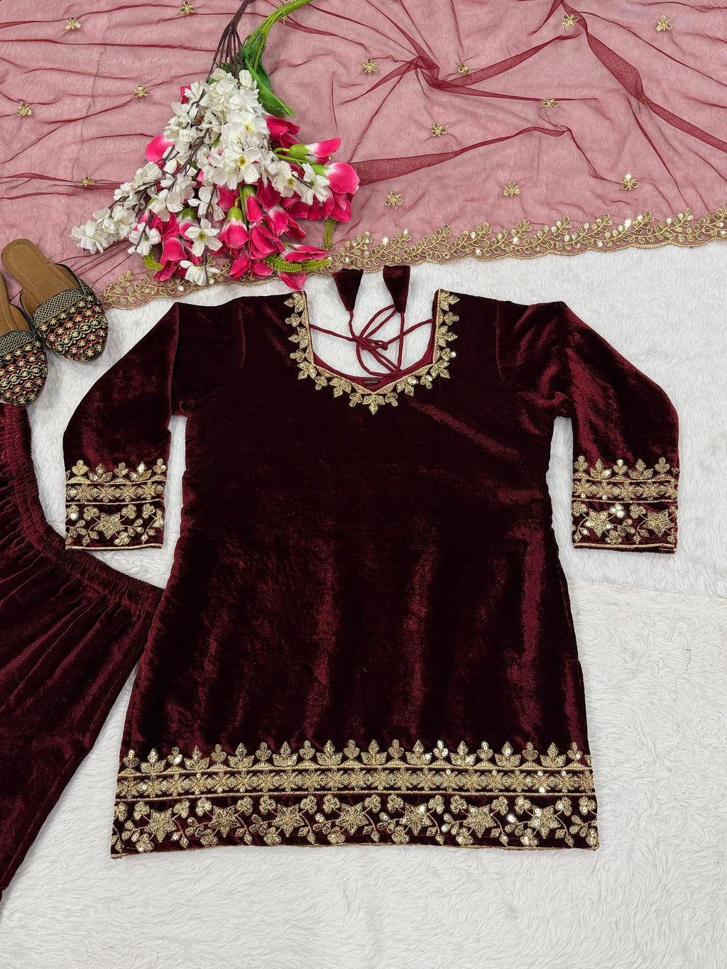 Wine velvet party wear sharara plazzo and dupatta set,