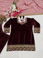 Wine velvet party wear sharara plazzo and dupatta set,