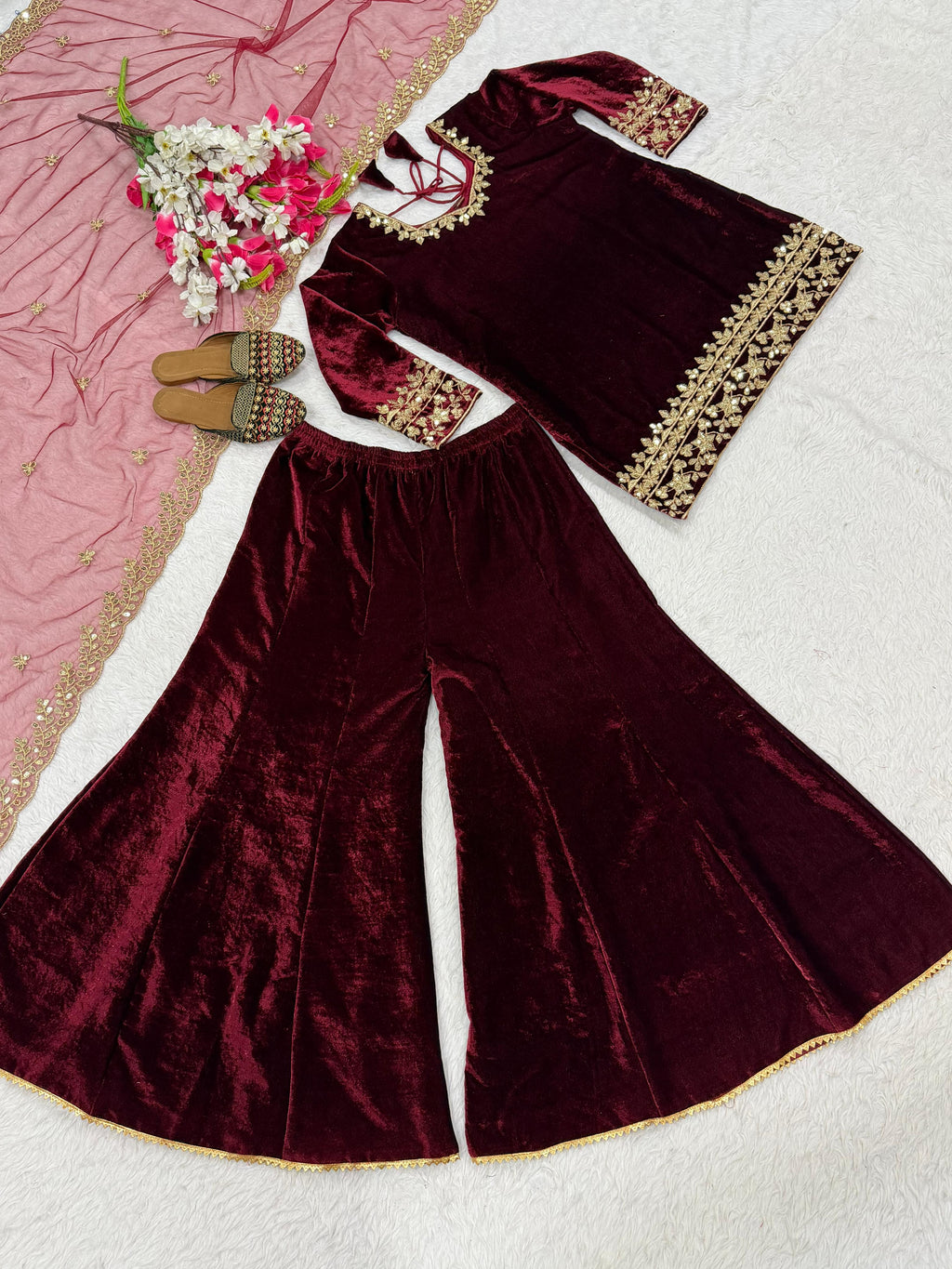 Wine velvet party wear sharara plazzo and dupatta set,