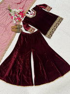 Wine velvet party wear sharara plazzo and dupatta set,