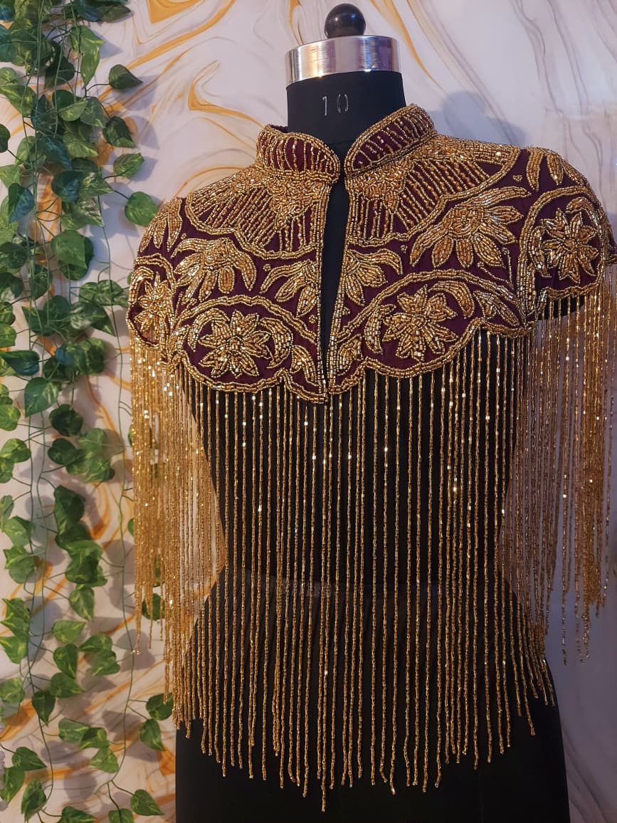 Handcrafted red-brown beaded cape poncho, red-brown beadwork geometric pattern, elegant cover-ups for special occations.