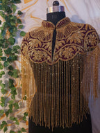 Handcrafted red-brown beaded cape poncho, red-brown beadwork geometric pattern, elegant cover-ups for special occations.