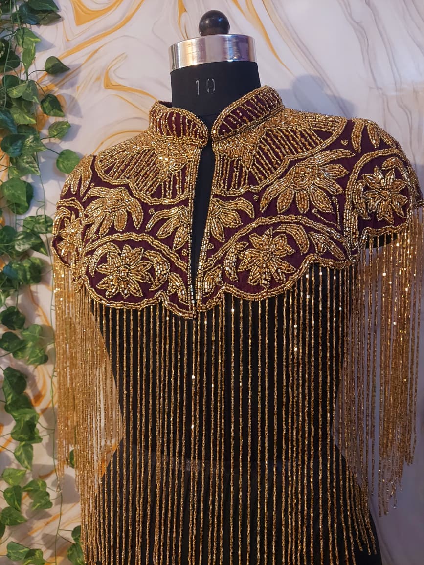 Handcrafted red-brown beaded cape poncho, red-brown beadwork geometric pattern, elegant cover-ups for special occations.