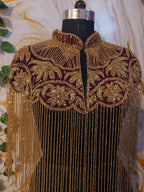 Handcrafted red-brown beaded cape poncho, red-brown beadwork geometric pattern, elegant cover-ups for special occations.