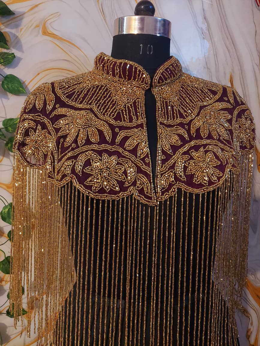 Handcrafted red-brown beaded cape poncho, red-brown beadwork geometric pattern, elegant cover-ups for special occations.