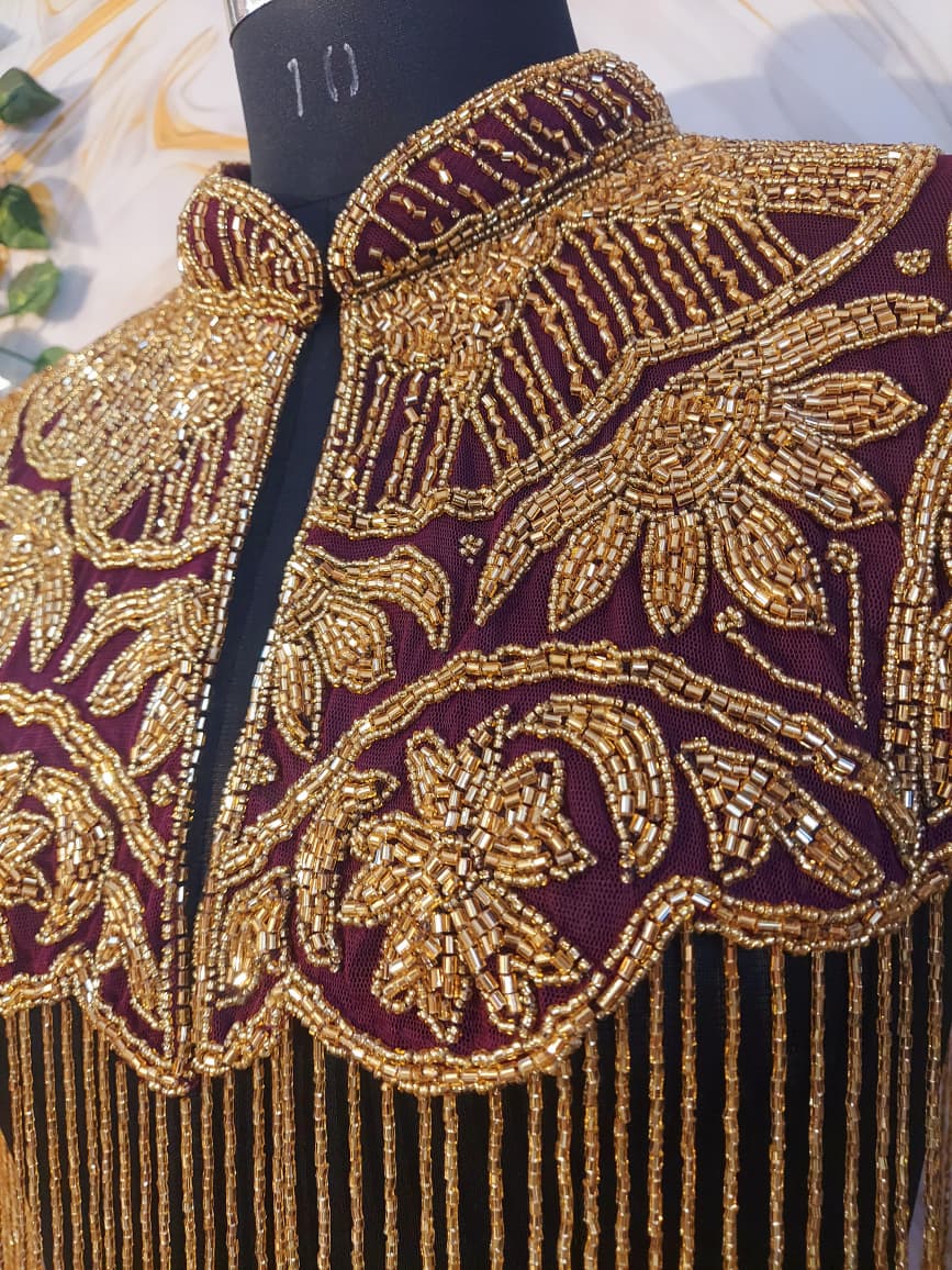 Handcrafted red-brown beaded cape poncho, red-brown beadwork geometric pattern, elegant cover-ups for special occations.