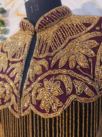 Handcrafted red-brown beaded cape poncho, red-brown beadwork geometric pattern, elegant cover-ups for special occations.