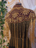 Handcrafted red-brown beaded cape poncho, red-brown beadwork geometric pattern, elegant cover-ups for special occations.