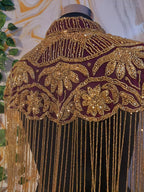 Handcrafted red-brown beaded cape poncho, red-brown beadwork geometric pattern, elegant cover-ups for special occations.