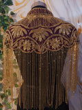 Handcrafted red-brown beaded cape poncho, red-brown beadwork geometric pattern, elegant cover-ups for special occations.