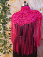 Handcrafted red-brown beaded cape poncho, dark pink beadwork geometric pattern, elegant cover-ups for special occations.