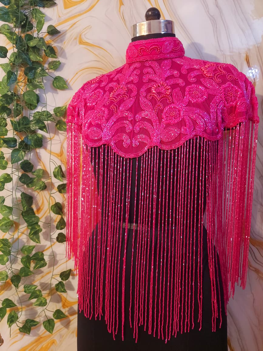 Handcrafted red-brown beaded cape poncho, dark pink beadwork geometric pattern, elegant cover-ups for special occations.